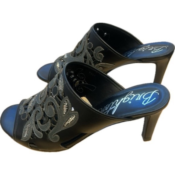 Brighton Revue Catch The Moon Black Leather Beaded Slip-On High Heel Sandals - Picture 3 of 11